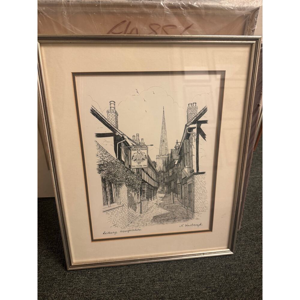 Signed N. Wansborough Pen & Ink Sketch Church Lane Ledbury, Herefordshire 20X16"